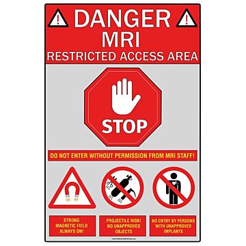 MRI Danger Restricted Area Sign for MRI Zone 4 Entry Doors 24"W x 36"H 