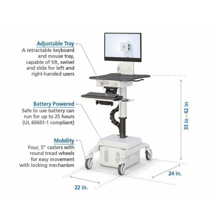 Mobile Medical Computer Cart with Optional Battery – Height Adjustable & Secure